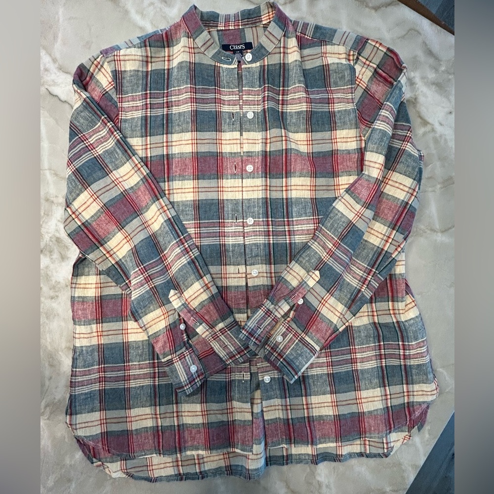 Chaps Women’s Casual Plaid Shirt - Burgundy, Blue, and Tan